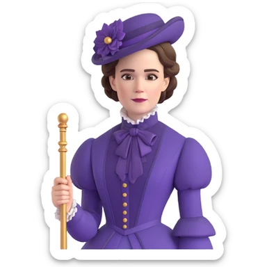 Wilhemina Venable (Sarah Paulson) in royal purple Victorian style, beautiful and luminous but terrifying, holding a gold cane sticker