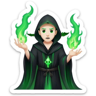 A dark sorcerer in flowing black robes, conjuring eerie green flames sticker