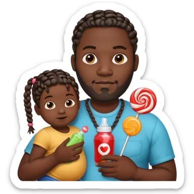 Big black man with braids hold a  baby bottle and a lollipop sticker