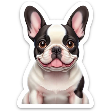 Cinematic Cute Pied French Bulldog Portrait Emoji, Head tilted with a sweet, mischievous grin and large, inviting eyes, featuring a unique pied fur of contrasting colors, simplified yet irresistibly endearing, highly detailed, glowing with a warm, playful radiance, high shine, exuding a quirky charm and affectionate personality, styled with a soft, lighthearted outline, capturing the essence of a cute Pied French Bulldog that looks ready to charm its way into your heart! sticker