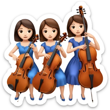 Create an imagine of three brunette women playing string instruments, the first is playing a cello, the second is playing a viola and the third is playing the violin sticker