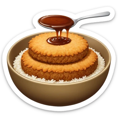 bowl filled with rice, a bit of brown sauce over the rice and a breaded pork cutlet over it. no cutlery or chopsticks anywhere sticker