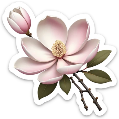Japanese style Magnolia kobus (kobushi) flower in ukiyo-e inspired design, elegant white petals with subtle pink tinge, bare branches, traditional composition like Japanese woodblock prints sticker