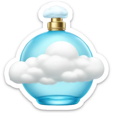 light blue round perfume bottle with large white cloud decoration at its base sticker