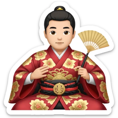 Wealthy warlord in ornate kimono, crest on chest, seated with fan in hand. sticker