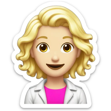 Joyful white hacker with fluorescent and playful pink shirt, passionate about programming and art, blond hair red lip round and black bezel sticker