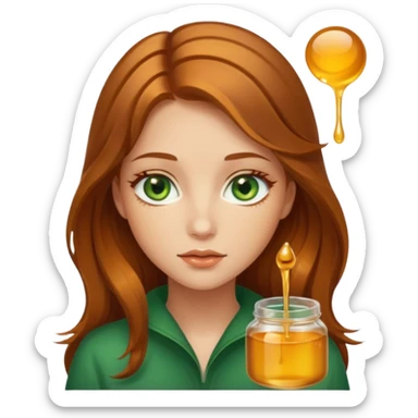 Beautiful girl, with brown honey hair and green eyes made of real honey hair strands dripping honey sticker