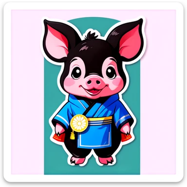 A black piglet wearing korean traditional cloth with "luck” written on it. sticker
