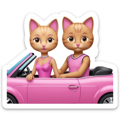 two cats with clear feline features, dressed in Barbie and Ken outfits, in a pink convertible sticker