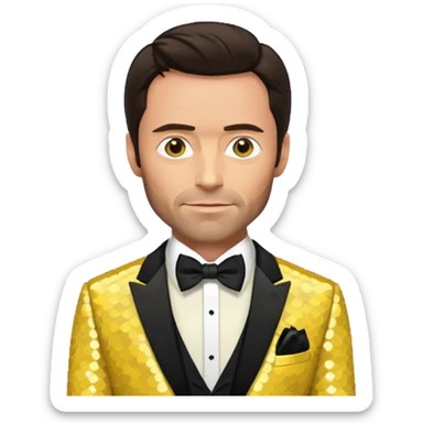 Hugh Jackman with dark brown hair, yellow sequin suit with bow tie sticker