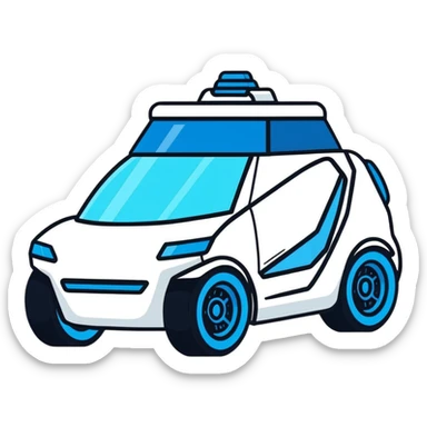 Futuristic retro hover car with angular design and glowing blue wheels, flat vector style, minimal color palette with blue highlights sticker