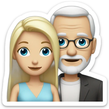 Blonde woman with blue eyes marries an older man with blue eyes, glasses without hair and a gray beard sticker