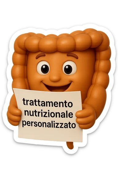 emoji stile iphone di un intestino felice che legge un foglio con la scritta "trattamento nutrizionale personalizzato", non fargli il naso, iperrealistico 4k sticker