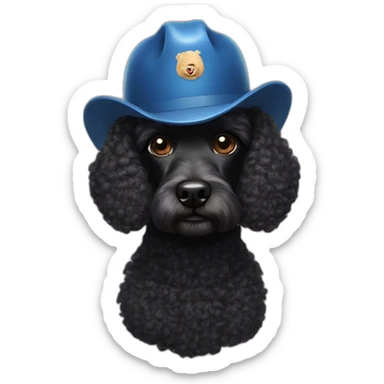 A single short haired black poodle wearing a buffalo billshelmet sticker