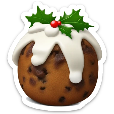 1 Traditional Christmas pudding with white icing, topped with holly leaves and berries sticker