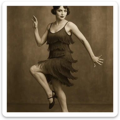 1920s woman, Charleston dancer, fringe dress, confident expression, retro style, vintage fashion, elegant sticker