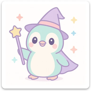 a penguin dressed as a wizard, with a pointy hat and a magic staff, in a fun and whimsical style sticker