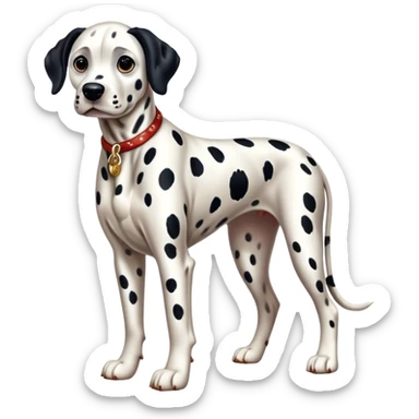 Cinematic Realistic full-body portrait of a Dalmatian dog, rendered with glossy, meticulously detailed spotted fur and expressive, alert eyes, set against a clean, neutral backdrop that highlights its regal and athletic stance. sticker
