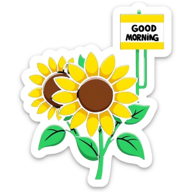 flowers in garden with sun with inscription Good morning  sticker