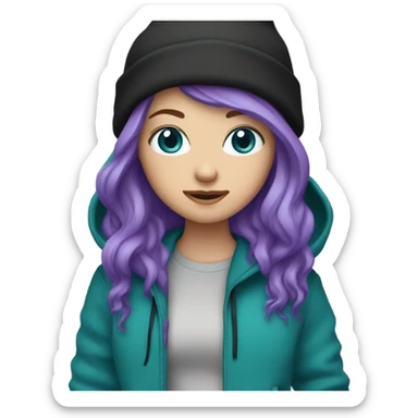 White girl, blue eyes, long teal hair, purple beanie hat, black hoodie, blue jeans, black shoes sticker