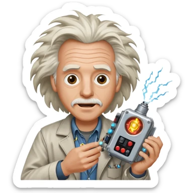 Doc Brown from Back to the Future, holding a flux capacitor, excited face, wild hair sticker