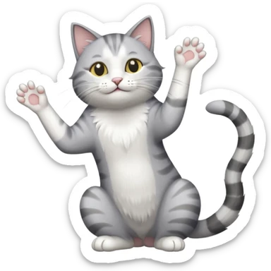 grey and white cat doing a big long stretch reaching up into the air sticker