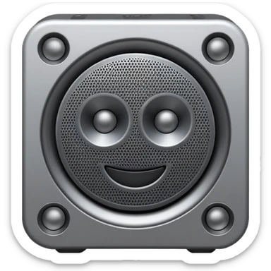 Minimal emoji icon of a modern metallic speaker, front view, detailed geometry, dark metallic body, subtle highlights, isolated sticker