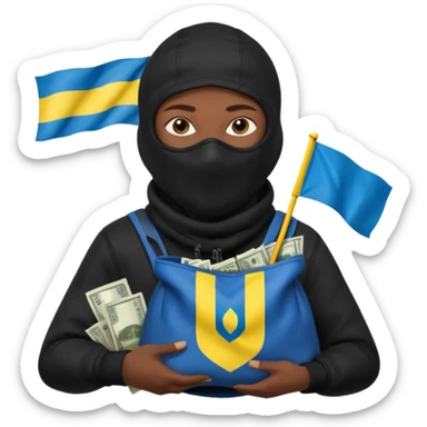 создай украинца в черное одежде и черной балаклаве с большим мешком денег на котором есть флаг страны в руках sticker