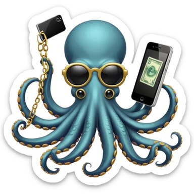 Intimidating octopus with pearl white skin, black suction cups. Wearing black mirrored sunglasses and a gold chain. 3 tentacles are holding their own cellphone with one held to the side of its face as if its on a phone call, 2 other tentacles are holding stacks of money sticker