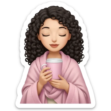 hispanic woman, black long 3b curls, closed eyes, feminine face, holding soft pink coffee cup with beige blanket over shoulders sticker