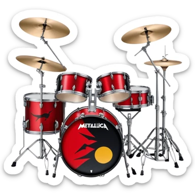 Create a powerful and dynamic emoji representing Lars Ulrich's drum kit. The design should feature a heavy-duty, professional drum set with a large bass drum, snare, toms, and multiple cymbals, reflecting Lars' iconic setup. The drums should have a bold, metallic look, with dark, aggressive colors like black, silver, and red, reflecting the heavy metal aesthetic. Add subtle details like the Metallica logo on the bass drum or cymbals to emphasize the connection with the band. Use musical notes and sound waves to evoke the intense rhythm and energy of Lars Ulrich's drumming style. The background should be transparent. sticker