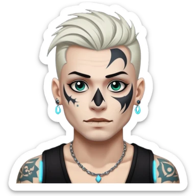 white skin Rock-style man — piercings, glowing tattoos on face sticker