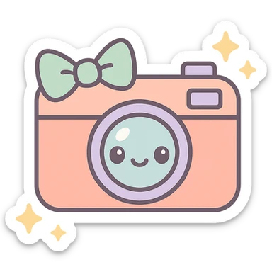 a camera kawaii style with a bow sparkles around sticker