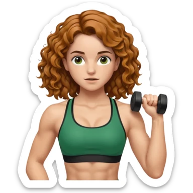 big biceps, muscled torso, very beautiful italian happy girl, looking like Emma Watson, with wavy curly bright hazelnut hair, dressed in green bra sports outfit, pulling up sticker