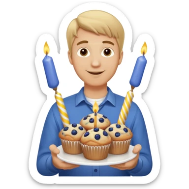 It is my friend virginias birthday. Create emoji with me saying happy birthday Virginia while holding blueberry muffins with birthday candles in them! I am a white man make the emoji with dirty blonde hair. Have a banner that says happy birthday  sticker