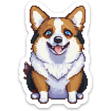 pixel art style anthropomorphic corgi, black fur, white underbelly, one brown eye, one blue eye, scared expression sticker