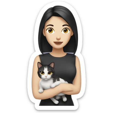 Pale woman with black hair holding a tabby cat sticker