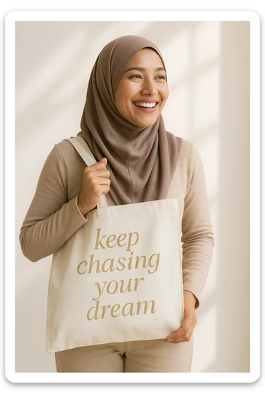 A smiling hijabi woman with a tote bag, the bag displays 'keep chasing your dream' in elegant soft gold lettering. The scene is positive and inspiring. sticker
