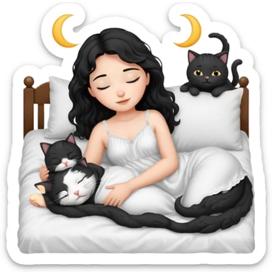 angelic sleeping black wavey hair girl in the bed with her cats sticker