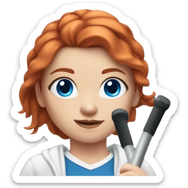 Red-haired sporty girl with fair skin and blue eyes in a white sweater and blue leggings with a barbell sticker