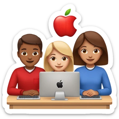 three diverse students working on code with computers, friendly, apple emoji style sticker