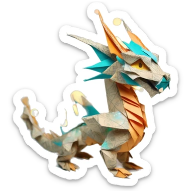 Sparkling patterned Beige Origami dragon with a dried flower crown made of newspapers intricate patterns surrounded by fairy lights nebula galaxy stars swirls iridescent orange cyan yellow sticker