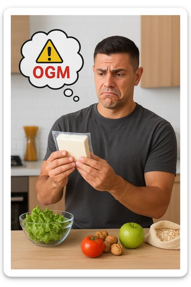 un uomo in cucina tiene in mano una confezione di soia o tofu, osservandola con un’espressione scettica e preoccupata. Sopra la confezione, una nuvoletta di pensiero mostra la scritta “OGM” evidenziata in rosso, accompagnata da un simbolo di allarme o un punto interrogativo. Sullo sfondo, altri alimenti naturali sono visibili sul tavolo, sottolineando la sua preferenza per prodotti non OGM. sticker