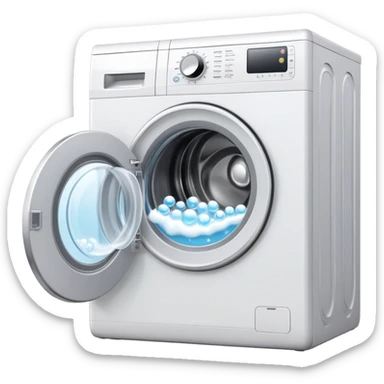 washing machine with door open and bubbles sticker