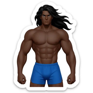 Superhero black male look superstrong blue shorts and big arms no shirt long black hair full body sticker