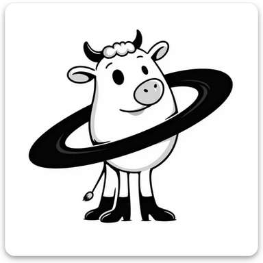 a cow with the body of the planet Saturn with visible rings and gigantic human feet, illustrative style sticker
