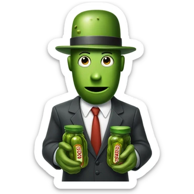 Pickle man wearing a suit holding guns made out of pickles sticker