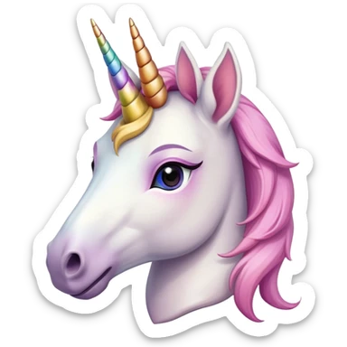 anthropomorphised female unicorn ballerina, horse-like unicorn face with muzzle, mane, ears, prominent horn, head and shoulders, relaxed pose sticker