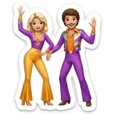hombre y mujer bailando con ropa de disco de los 70s sticker