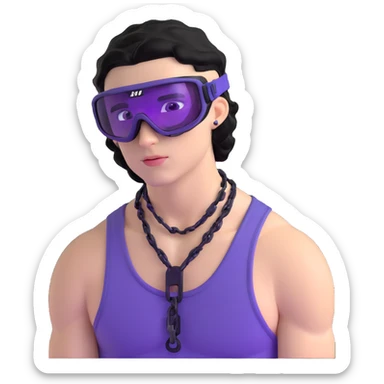 shirtless male athlete with white skin and moderately curly black hair on top with shaved sides, wearing ski goggles with purple frames/outline and very dark heavily tinted black lenses that completely hide the eyes, and a simple plain black chain necklace, no earrings sticker